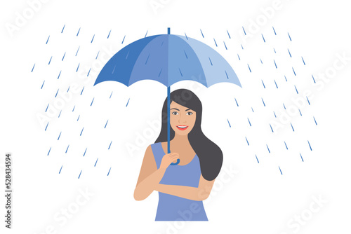 Young woman holding umbrella in rain, walking under the rain vector illustration	