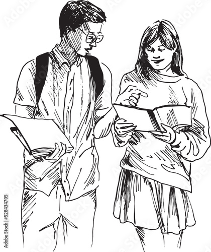 Hand sketch of two students. Vector illustration.
