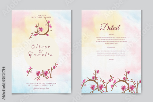 wedding invitation set with abstract and pink flower watercolor background © TM