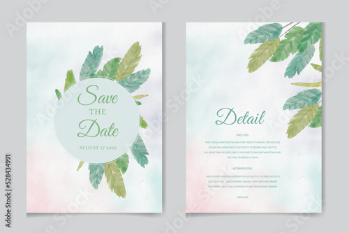 wedding invitation set with abstract and pink flower watercolor background