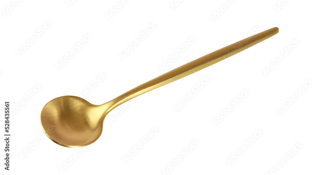Matte golden spoon isolated on white background. One coffee or tea metallic spoon flying. Matte golden spoon isolated on white background. One coffee or tea metallic spoon flying.
