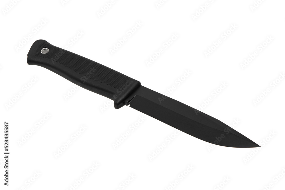 Modern hunting knife with black blade and rubber handle. Steel arms. Isolate on a white back. Modern hunting knife with black blade and rubber handle. Steel arms. Isolate on a white back.