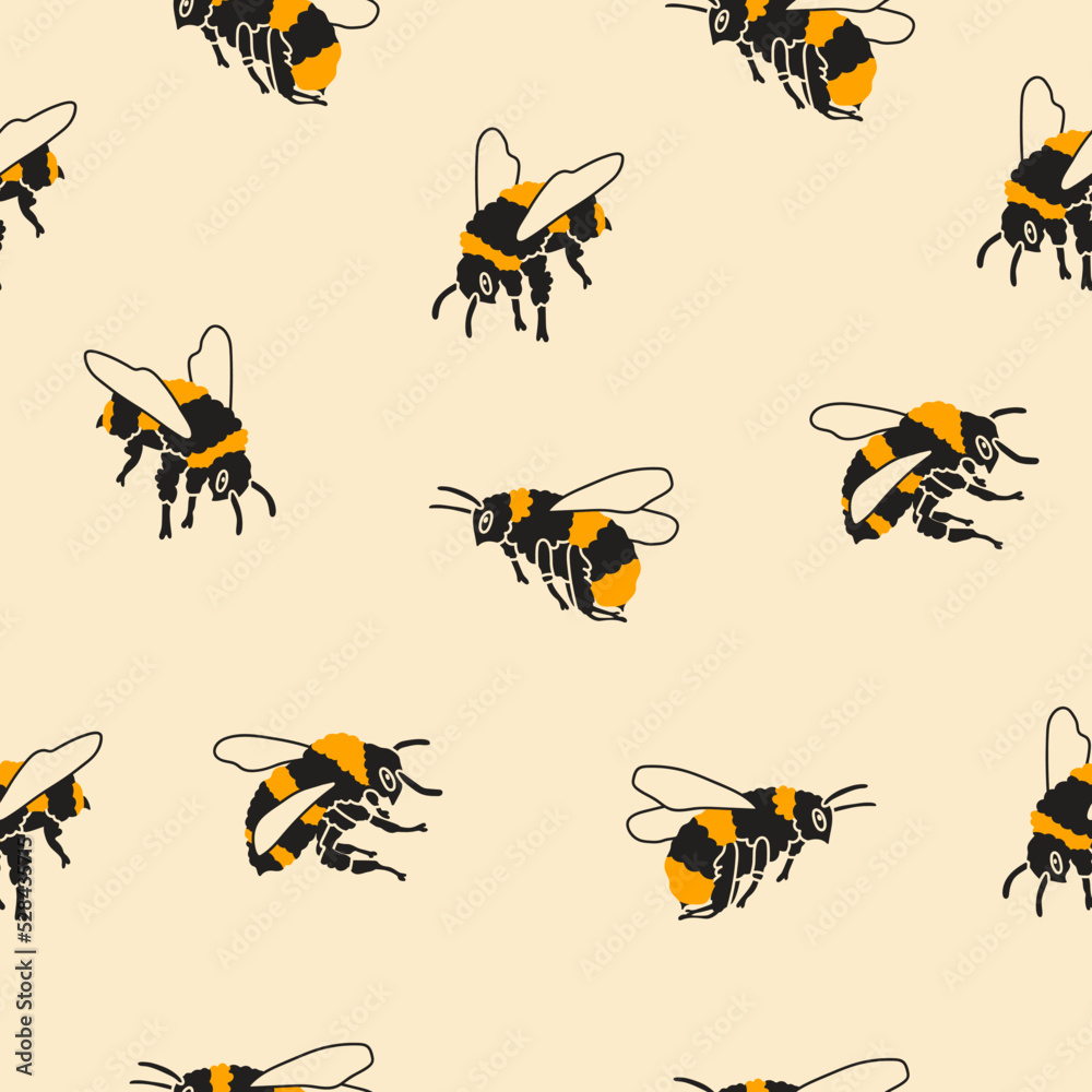 Flying puffy bumblebees or Bees. Spring, summer insects concept. Black