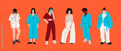Set of young women dressed in stylish trendy clothes. Fashion look. Female models standing in various poses. Different clothing. Cartoon style. Fashionable ladies. Hand drawn Vector illustration