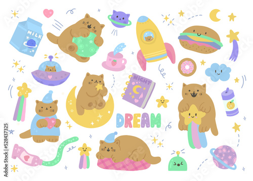 Set of colorful cute good night vector elements. Cartoon cats, stars, rockets and rainbows in outer space.Clipart for patches,stickers,greeting card,planner or diary. Isolated. 