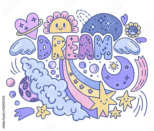 Colorful cartoon Dream lettering with stars, planets, rainbow etc. Pastel pink and blue illustration can be used for prints on t-shirt, textile, greeting card or poster.vector