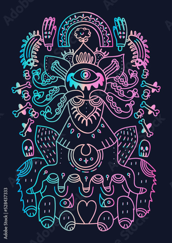 Detailed ornamental ethnic tattoo design with neon gradient effect.Spider with flowers, bones and skulls isolated on black background.Boho elements for prints on t-shirt,phone case or poster.Vector