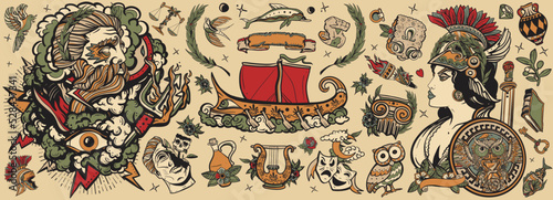 Old school tattoo collection. Ancient Greece. Athena and Zeus, greek olympic gods. Owl, head statue, old boat, theater, golden fleece. Historical myths heroes and legends set