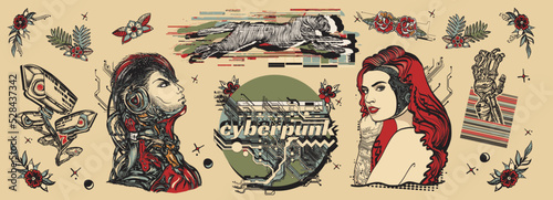 Old school tattoo collection. Cyberpunk. Cyborg, robot girl, web camera and running cheetah, glitch style. Dark future art. Traditional tattooing style