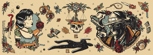 Old school tattoo collection. Noir film. True elderly detective smoking cigar, crime scene, chalk outline of dead body, fashion woman. Murder and investigation. Retro movie tattooing style