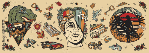 Old school tattoo collection. Retro wave music art. Statue head, laser tyrannosaur, surfing woman, future car. Audio cassette, VHS type. Nostalgic cyberpunk style, 80s and 90s pop culture