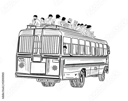 Over Crowded bus Vector, Indian Bus Vector, Overloaded bus in pakistan sketch drawing, Line art illustration of over crowded vintage bus, Cartoon doodle of vintage old bus photo