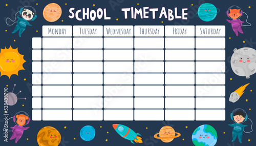 School timetable template with cartoon planets, rockets, shuttle. Back to school schedule with space background for subjects. Vector children illustration