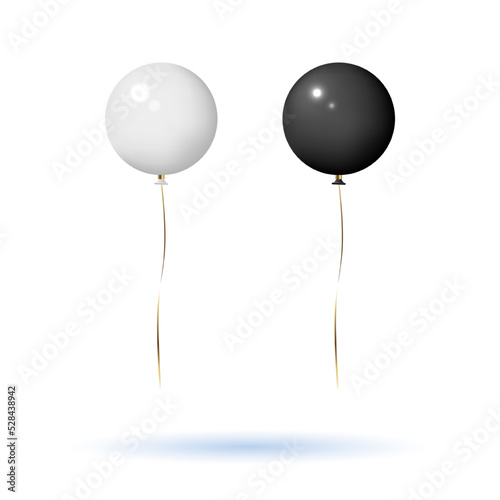 Balloons in white and black solid colour with gold ribbons. Isolated on white background with shadow, mockup template object. Realistic 3D vector illustration.