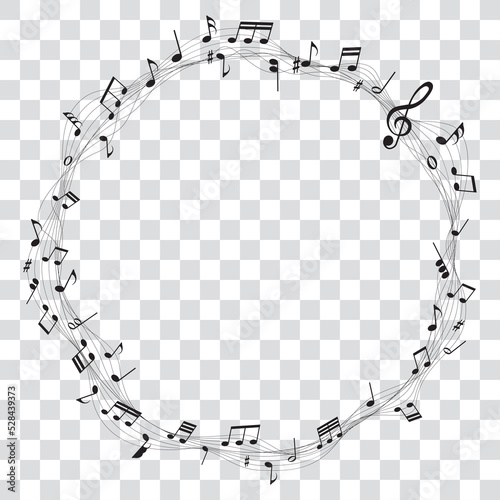 vector sheet music round frame - musical notes melody on transparent background	
