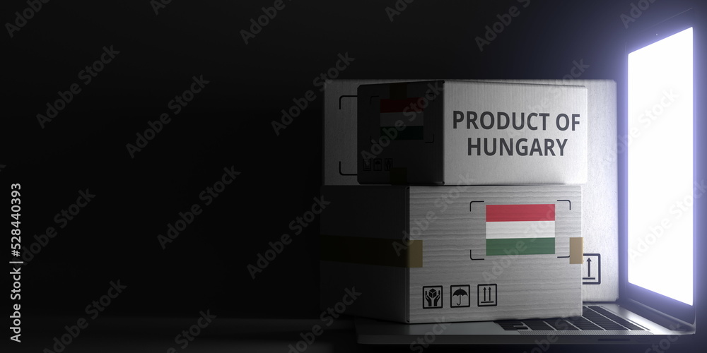 PRODUCT OF HUNGARY text and flag sticker on the boxes on the laptop on dark background. 3D rendering PRODUCT OF HUNGARY text and flag sticker on the boxes on the laptop on dark background. 3D rendering