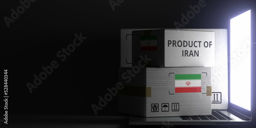 Cartons with PRODUCT OF IRAN text and flag on the laptop, black background. 3D rendering