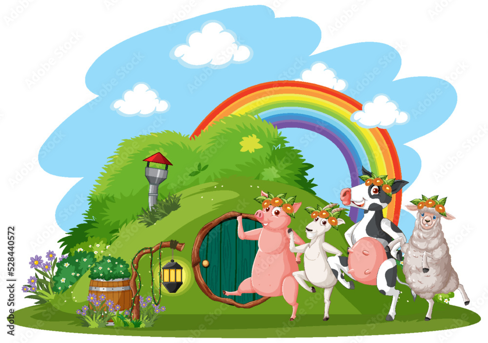 Naklejka premium Farm animals dancing at hobbit house on white background