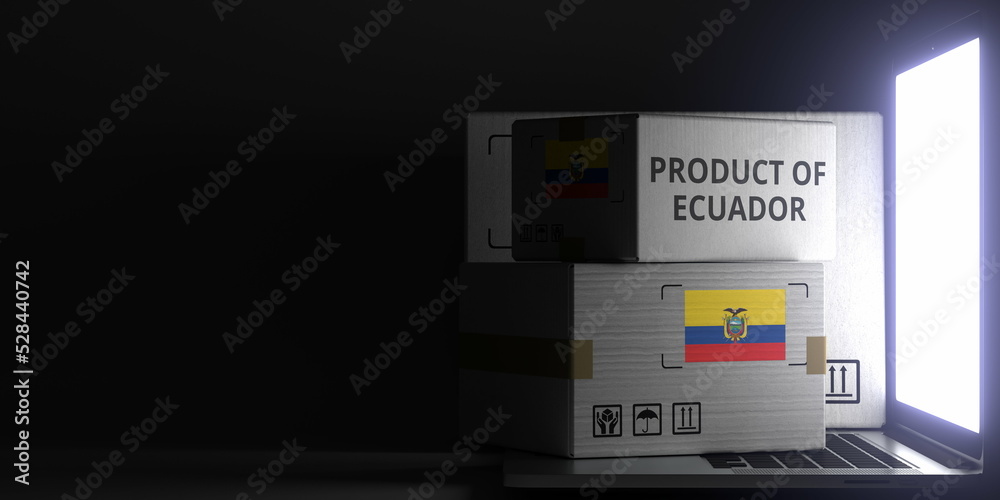 PRODUCT OF ECUADOR text and flag sticker on the boxes on the laptop on dark background. 3D rendering PRODUCT OF ECUADOR text and flag sticker on the boxes on the laptop on dark background. 3D rendering