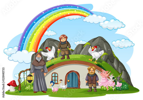 Hobbit and wizard at the countryside