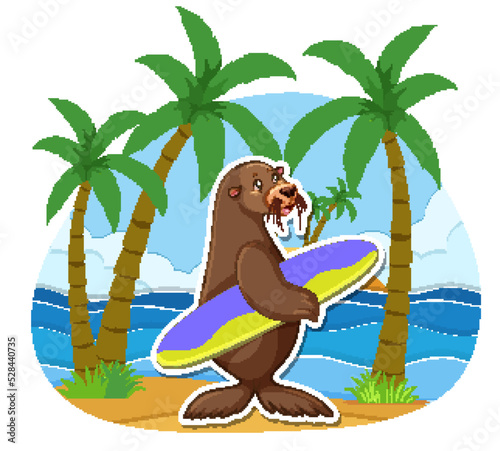 Sea lion holding surfboard at the beach © GraphicsRF