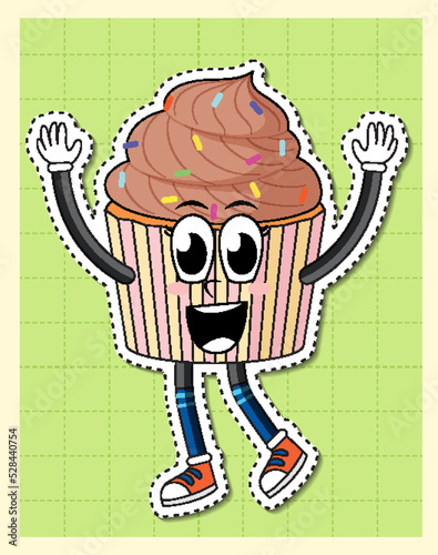Cute cupcake cartoon character on grid background
