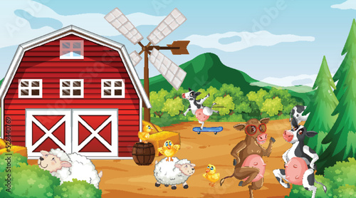 Outdoor cow farm scene with happy animals cartoon