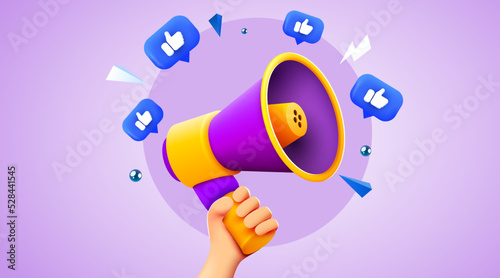 3d hand holding megaphone speaker or loudspeaker bullhorn for announce. Mockup with like notifications. Social media promotionVector illustration.