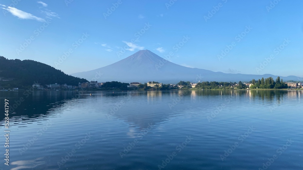 6:25am, Mt. Fuji with Kawaguchiko lake, the beautiful scenery of Japan, year 2022 August 27th