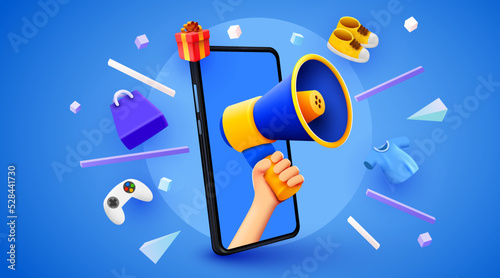 3d hand holding megaphone speaker in smartphone for discount announce. Sale mockup with fashion elements. Vector illustration.
