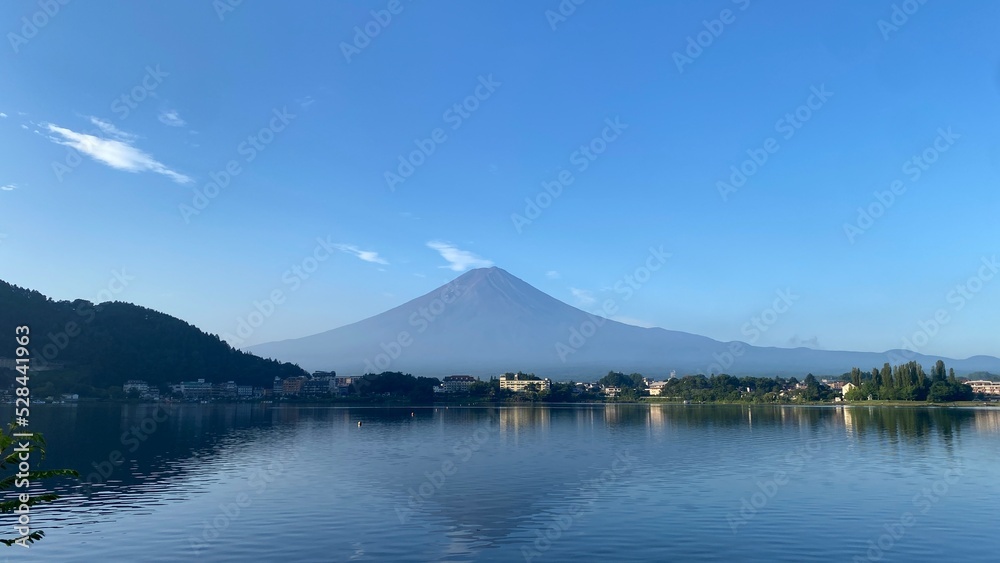 6:22am, the Mt. Fuji clear view of the whole silhouette, the morning bliss moment in August 27th, 2022 from Kawaguchiko lakeshore, Yamanashi prefecture