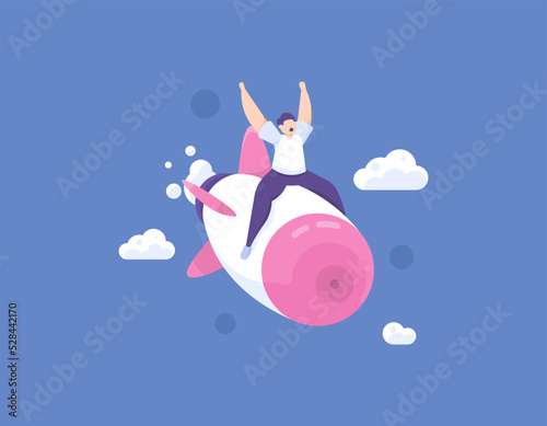 Fototapeta Naklejka Na Ścianę i Meble -  startup business failure. a businessman panicked because his rocket was hurtling down. metaphor of a company headed for bankruptcy. decrease in profits. business problems and risks. cartoon concept
