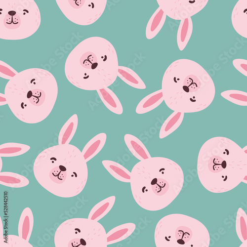 Rabbits, hares, bunnyes seamless pattern. Cute characters. Baby cartoon vector in simple hand-drawn Scandinavian style. Nursery illustration children print, baby shower.