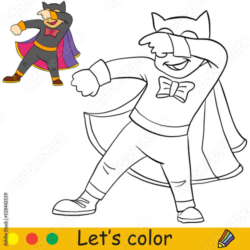 Halloween kids coloring with template dancing boy in a bat costume