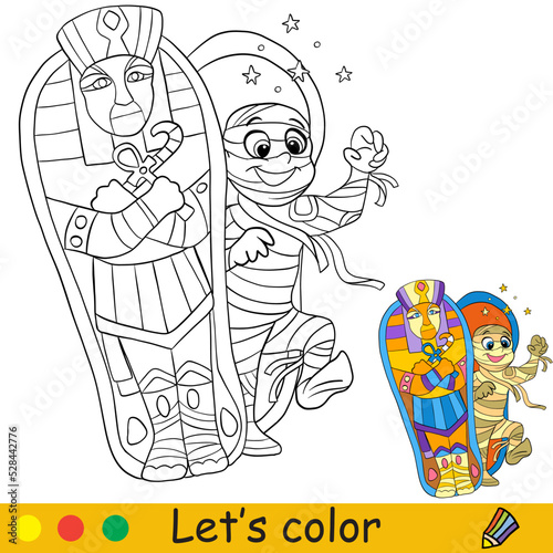 Halloween kids coloring with template mummy comes out of a sarcophagus