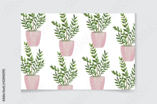 Seamless pattern with watercolor house green plants