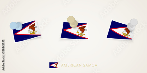 Free Download Pinned flag of American Samoa in different shapes with twisted corners. Vector pushpins top view. - GFXLoad