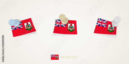 Pinned flag of Bermuda in different shapes with twisted corners. Vector pushpins top view.