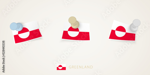 Pinned flag of Greenland in different shapes with twisted corners. Vector pushpins top view.