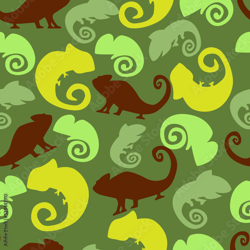 Seamless pattern chameleons in different forms of khaki colors. For textile, background, clothing