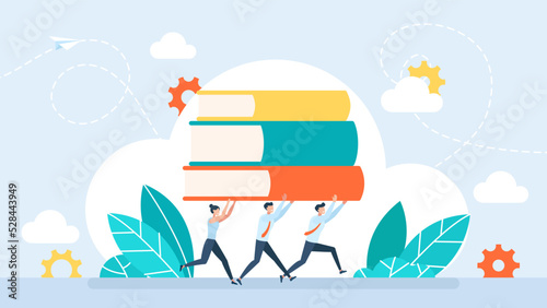 People run with books in his hands. A team of teachers. Education concept. Young man and woman student. Reading study. Self education. Late, assimilate information quickly. Cartoon vector illustration