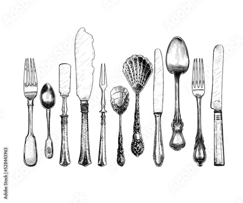 .  Hand draw vintage serving pieces. Collection of images of various vintage cutlery items. Vector illustration ..