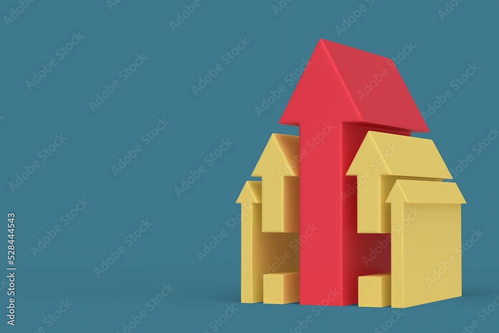 Small house assembled from arrows rising up. Symbols of housing construction or price increases.