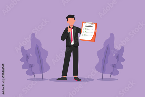 Character flat drawing attractive businessman in formal suit holding clipboard and making or showing thumb up gesture or sign. Happy person keeping file pad in hand. Cartoon design vector illustration