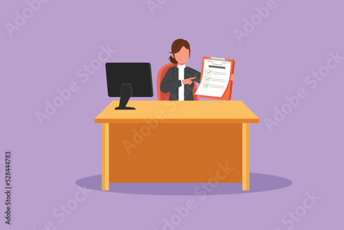 Cartoon flat style drawing smiling banking clerk showing bank credit, loan contract or mortgage agreement sitting at desk with computer. Pretty businesswoman lender. Graphic design vector illustration