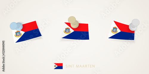 Free Download Pinned flag of Sint Maarten in different shapes with twisted corners. Vector pushpins top view. - GFXLoad