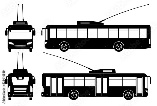 Trolleybus silhouette on white background. Vehicle icons set view from side, front, and back