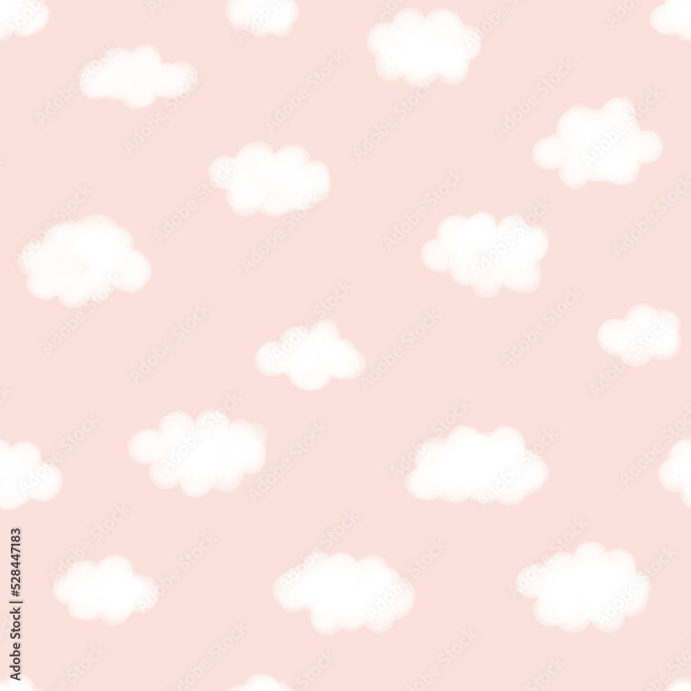 Pastel clouds on salomon color background. Wallpaper for nursery. Seamless pattern