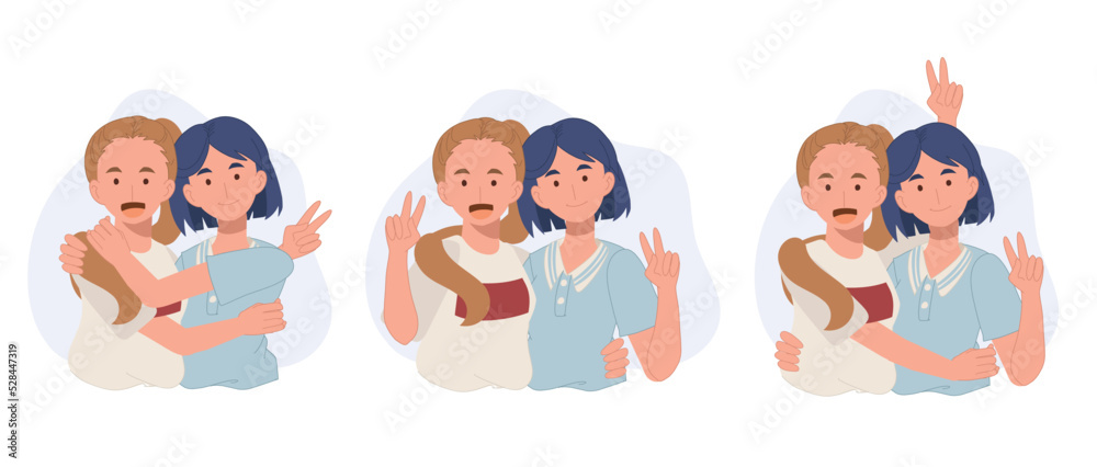 Fototapeta premium A set portrait of Best Friends Girls. friends hug together.Best friends together. vector illustration.