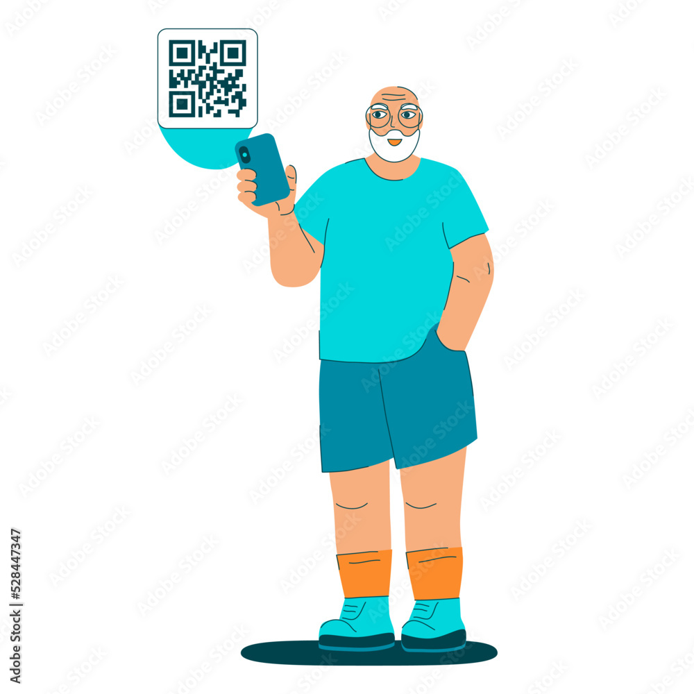 Bearded grandpa scan qr code. Seniors successfully using new technologies. Athletic looking happy elderly man uses smartphone for information or online shopping. Vector illustration. Bearded grandpa scan qr code. Seniors successfully using new technologies. Athletic looking happy elderly man uses smartphone for information or online shopping. Vector illustration.